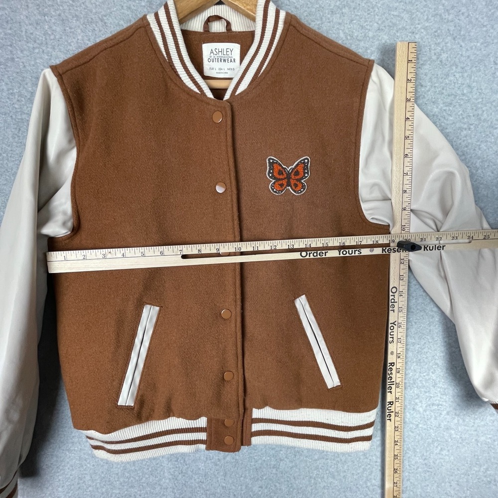 Mushroom Varsity Jacket Women Large Brown Butterfly Cottage Psychedelic Ashley - Picture 10 of 12